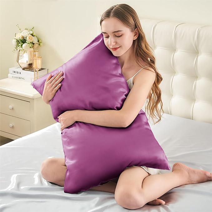 INFIIXSO Silk Pillow Cases 2 Pack Standard Size, Ultra Smooth & Soft Mulberry Silk Pillow Case for Hair and Skin, Breathable Cooling Silk Pillowcase with Hidden Zipper (Purple, 20x26 Inches)