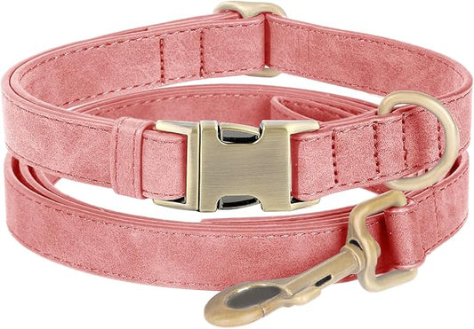 Genuine Leather Dog Collar - Adjustable Pet Collar with Quick Release Metal Buckle, Soft Skin Friendly Real Leather Collar for Small, Medium, Large Dogs (Pink Collar + Rope, S：Fit 8-16" Neck)