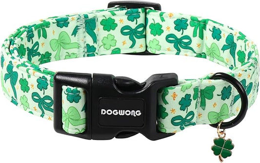 DOGWONG St Patrick's Day Dog Collar-Cute Green Clovers Dog Collar, Adjustable Cotton Shamrock Pet Collar Trefoil Puppy Collars with Quick Release Buckle,M