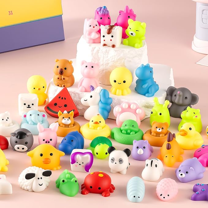50 Pack Squishy Toys, Mochi Squishy Animals for Kids, Kawaii Slow Rising Squishies, Cute Sensory Fidget Toys for Kids, Party Favors, Treasure Box Prizes, Classroom Prizes in Storage Bucket