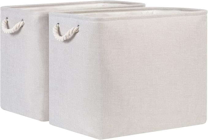 Bidtakay Fabric Beige Baskets Extra Large Organization Baskets for Clothes Set of 2 Collapsible Storage Bins for Shelves Cabinet 17x12x15 In Organizing Bins for Bedroom Blankets Pillow Towels Storage