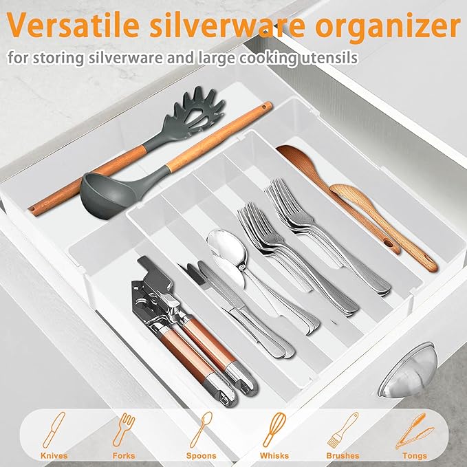 Homecor Silverware Drawer Organizer - Expandable Drawer Organizer for Kitchen, Utensil Holder BPA Free Flatware and Cutlery Tray for Spoons Forks Knives, Plastic Kitchen Organizer and Storage, White