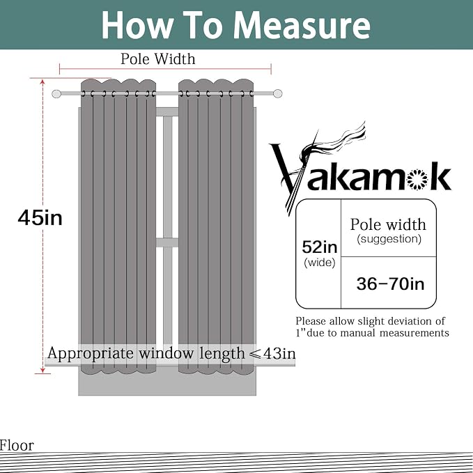 Yakamok Gray 100% Blackout Curtains 45 Inches Long, Full Light Blocking Thermal