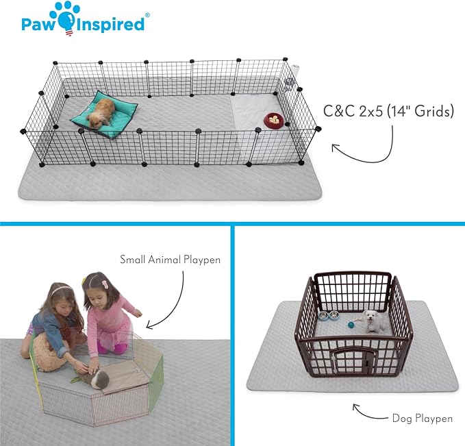 Paw Inspired 80x50 Inch Playpen Mat, Super Absorbent Fleece Cage Liner with Non-Slip Bottom, Waterproof Pet Play Pen Pad for Dogs, Rabbits, Guinea Pigs, Hamsters, Small Animals (Light Gray)