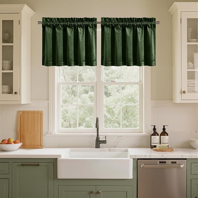 NICETOWN Velvet Cafe Windows Valance, Olive Green Window Treatment