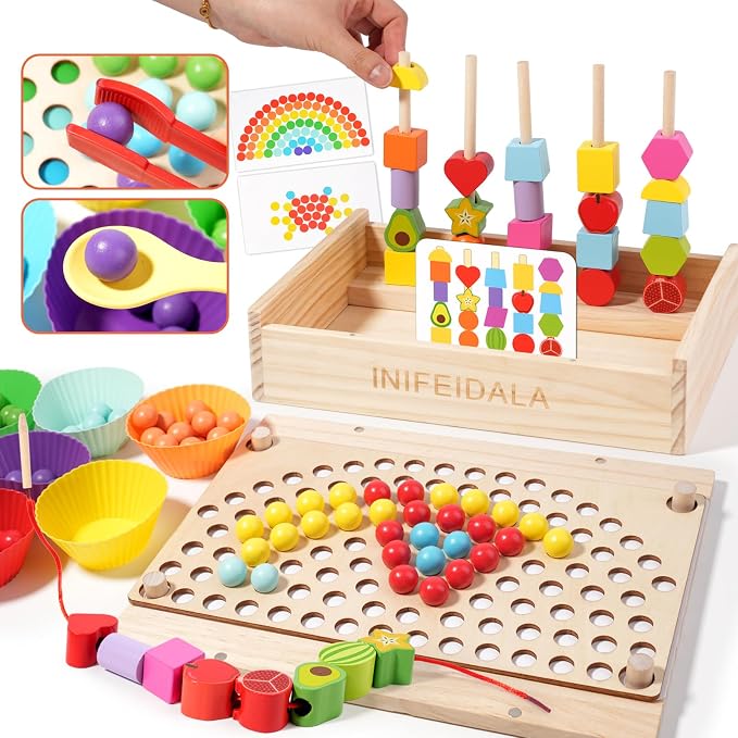 INIFEIDALA Montessori Toys for 3 4 5 Year Old,Gifts for Toddlers | Stacking Blocks, Lacing Beads & Shape Stacker, Wooden Beads Sequencing Toy Set, Fine Motor Skills & STEM Preschool Learning