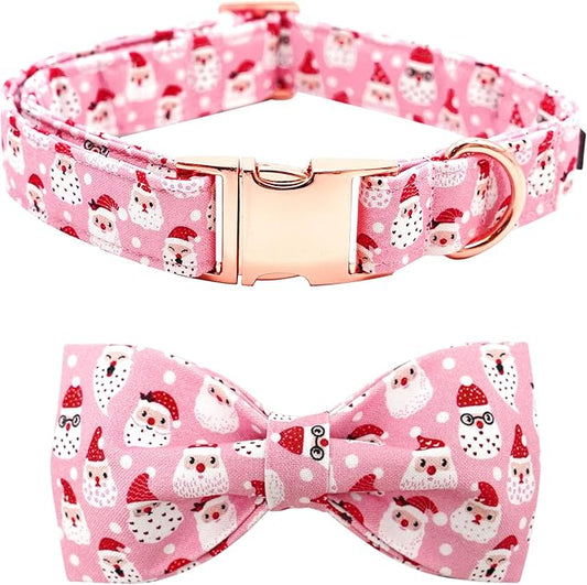 Dog Collar, Christmas Pink Santa Claus Cotton Pet Collar Bow Holiday Girl Boy Cute Puppy Collar Adjustable Pet Collar for X-Large Dogs