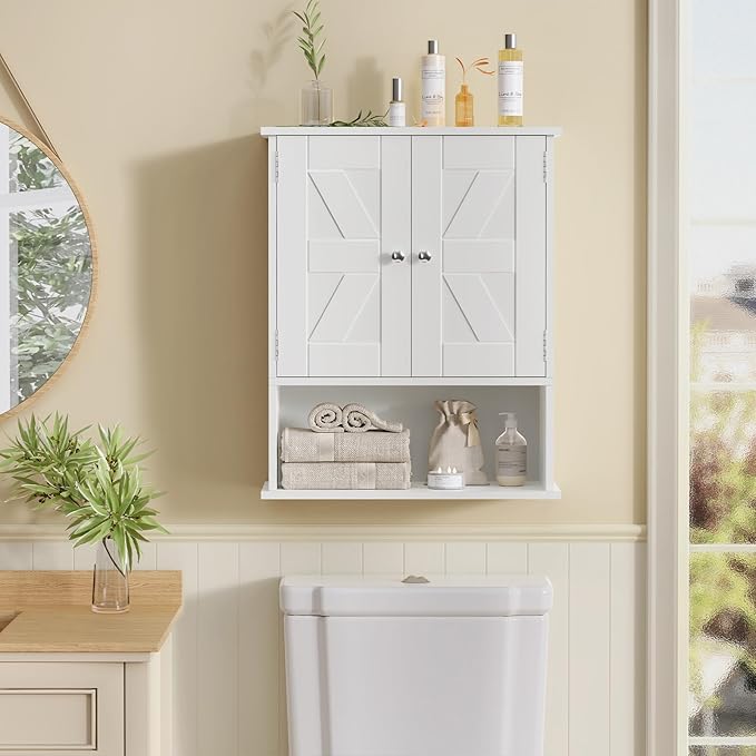 TEENFON Bathroom Wall Cabinet, Over The Toilet Space Saver Storage with Barn Doors & Adjustable Shelf, Hanging Medicine Cabinet, White 7.1" D x 15.4" W x 19.3" H