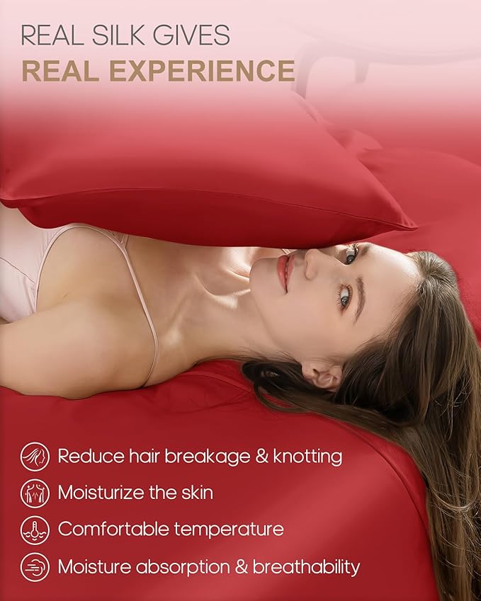 THXSILK 100% Pure Mulberry Silk Pillowcase for Hair and Skin, Highest 6A+ Grade 22 Momme Silk Pillow Case Standard Size, Silk Pillowcase with Zipper (Red, Standard Size 20"x26")