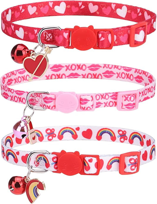 Breakaway Cat Collars with Bell & Cute Pendants, 3 Pack Safety Buckle Kitten Collars, Adjustable Pet Collar Ideal for Girl Boy Cats Puppy (Love Heart)