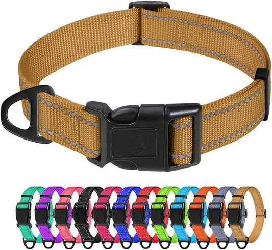 TagME Reflective Nylon Dog Collars, Adjustable Classic Collar with Quick Release Buckle for Small Dogs, Khaki, 3/4" Width