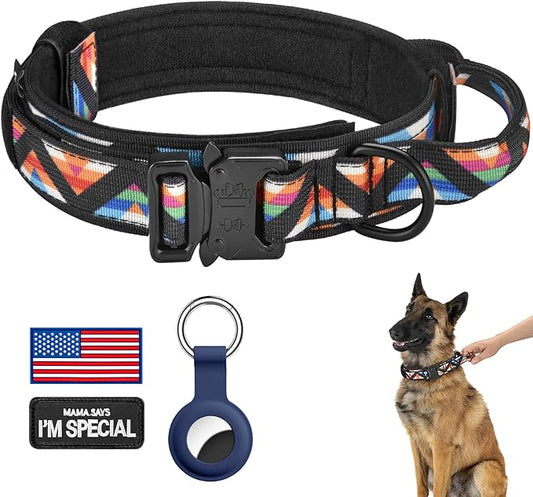 DAGANXI Tactical Dog Collar, Adjustable Military Training Nylon Dog Collar with Control Handle and Heavy Metal Buckle for Medium and Large Dogs, with Patches and Airtags Case (L, Colorful Triangle)