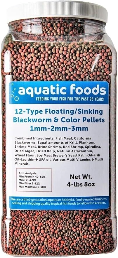Aquatic Foods Inc. 12-Type Floating & Sinking Blackworm & Intense Coloring 1mm, 2mm, 3mm Pellets for Discus, Cichlids, All Tropicals, Koi and Pond Fish…4-lb & 8oz Lg Jar