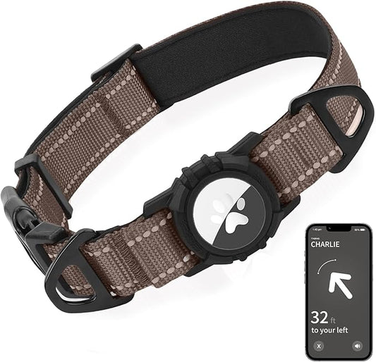 Joytale Airtag Dog Collar, Reflective Pet Collar with Waterproof AirTag Holder, Dual D-Rings, Soft Padded Adjustable for Extra Small and Puppy Dogs, Brown, XS