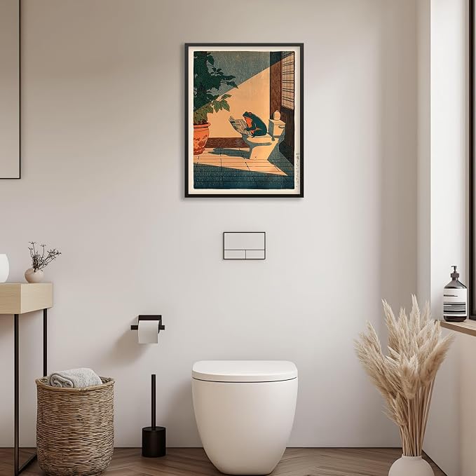 Vintage Japanese Black Framed Wall Art Funny Frog Bathroom Canvas Print Cute