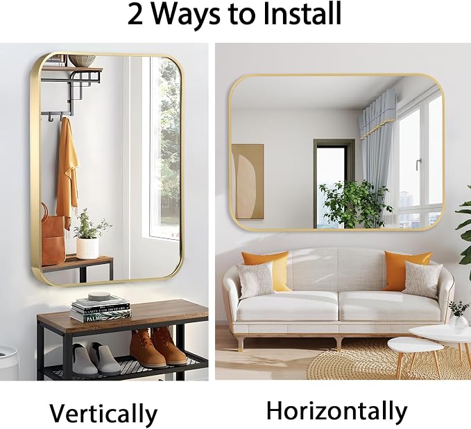20x28 Inch Gold Bathroom Mirror, Brushed Brass Gold Metal Framed Rectangular