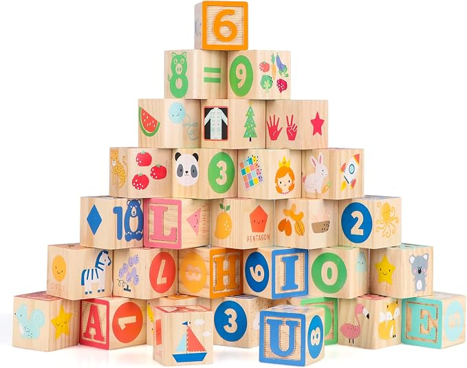 Wooden Building Blocks, Large Wood Stacking Blocks Set for Kids, 30 PCS Alphabet Blocks with Toy Wagon, Educational Wooden Toys for Boys Girls Gifts 1.65"