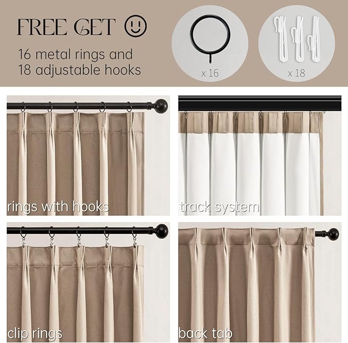 Topfinel Extra Long Total Blackout Linen Curtains 108 Inches Long for Living Room Large Window with Hooks Rings, Pinch Pleated Cold Blocking Acoustic Heavy Taupe Track Curtains 2 Panels 9 FT