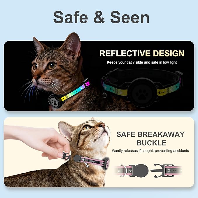 Airtag Cat Collar Breakaway, Reflective Cat Collar with AirTag Holder and Bell, Compatible with Apple Air Tag, Comfortable Padding, Adjustable, Durable (Pink, S)