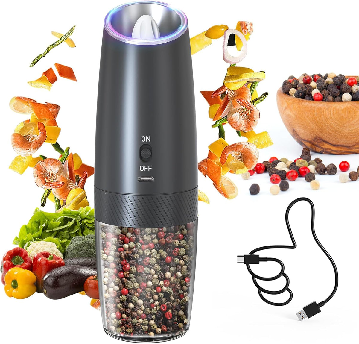 CIRCLE JOY Gravity Electric Salt and Pepper Grinder Set – Automatic LED Light Salt & Pepper Mills