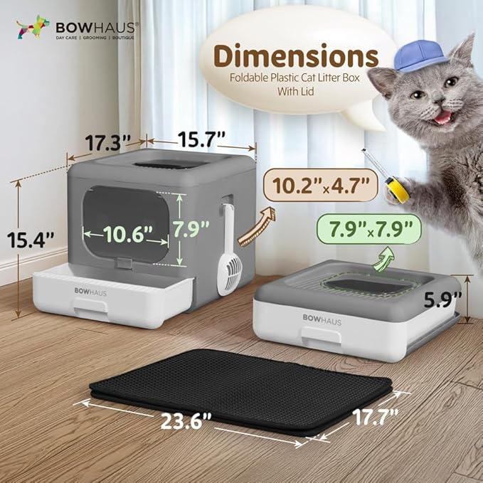 Foldable Cat Litter Box w/Lid, Scoop & Mat, Drawer Design Cat Toilet for Kitten, Two-Way Entry Kitty Litter Box, Odor Control & Easy to Clean, Dark Grey