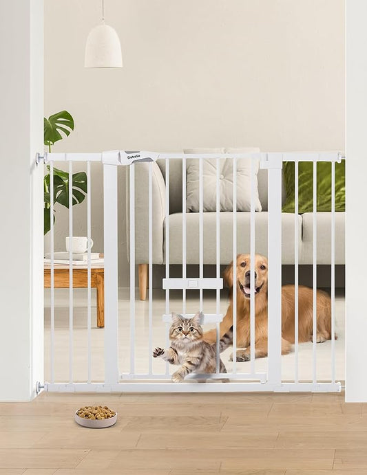 Babelio 36 Inch Extra Tall Baby Gate with Cat Door, 29-48" Metal Pet Door for Stairs, Doorways, Auto Close, Easy Walk Thru, White