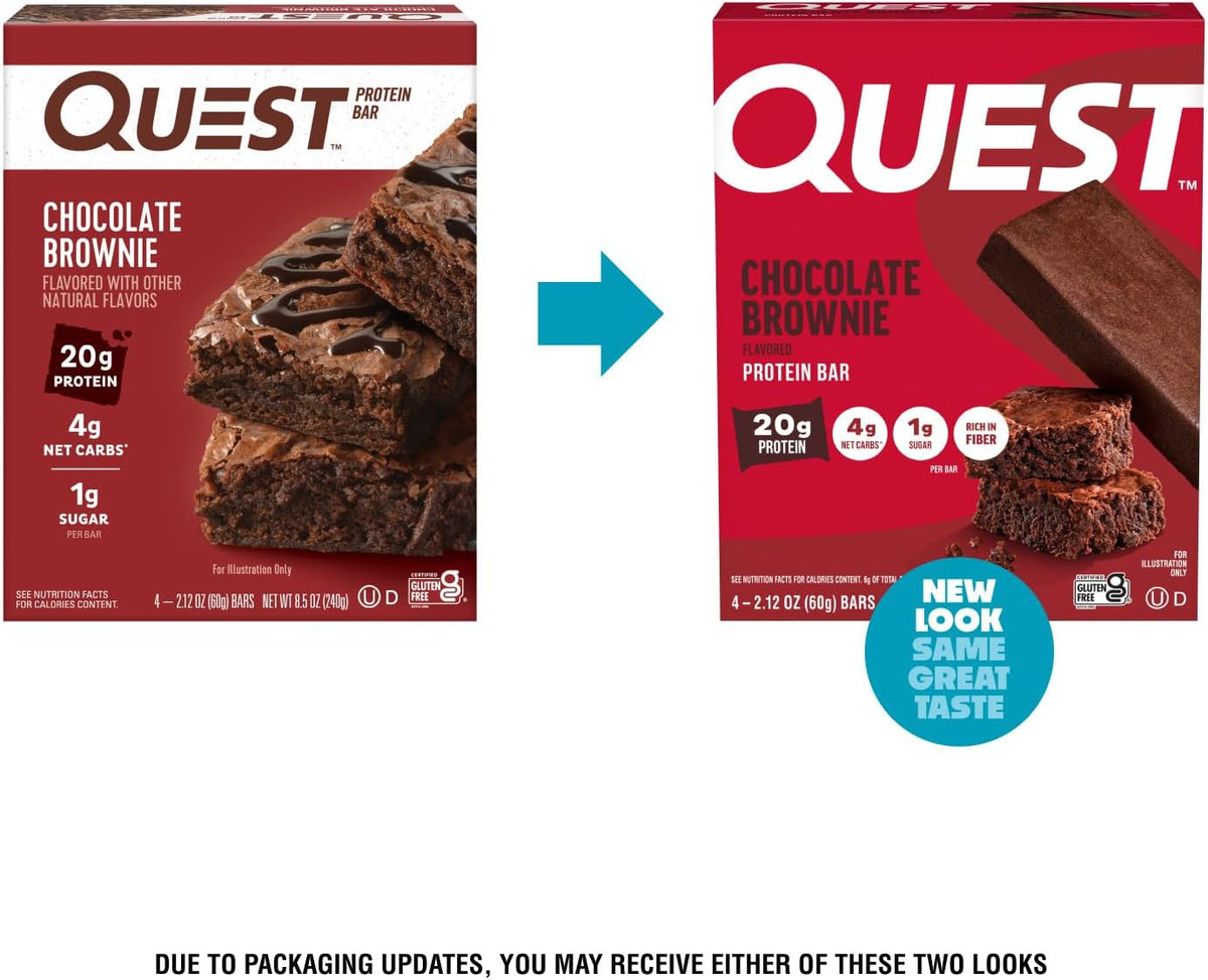 Quest Nutrition Chocolate Brownie Protein Bars, 20g Protein, 4g Net Carbs, 1g Sugar, High Fiber, Gluten Free, Keto Friendly, 4 Count