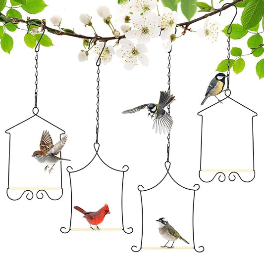4PK Metal Frame Hummingbird Swings and Perches with Wooden Dowel Black Bird Swing Outdoor Bird Perch Humming Bird Swing