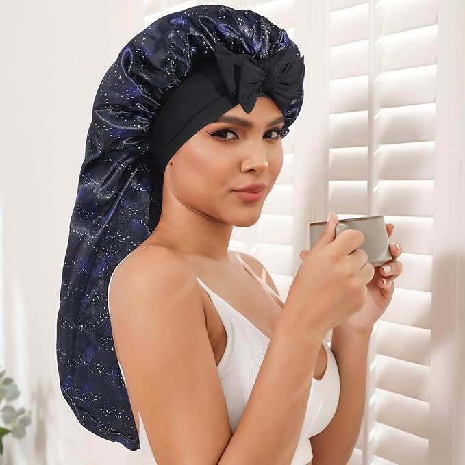 AWAYTR Long Satin Bonnet for Braids - Elastic Silk Hair Bonnets for Sleeping Night Cap Stretchy Tie Band for Women(Midnight)