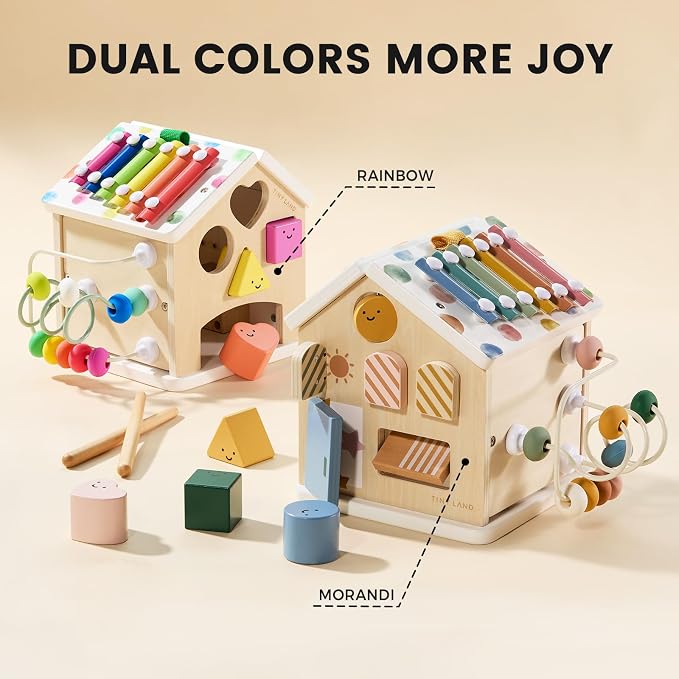 Tiny Land 9-in-1 Wooden Activity Cube, Educational Toy for Toddlers | Montessori Baby Activity Center for 1+ Year Old, Ideal Gift for Boys and Girls (Rainbow)