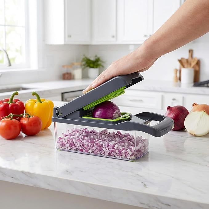14-in-1 Vegetable Chopper and Onion Slicer, Mandolin Slicer with Container, Multi-Functional Food Dicer, Gray, Stainless Steel Blades