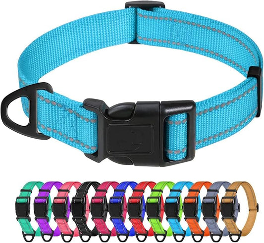 TagME Reflective Nylon Dog Collars, Adjustable Classic Pet Collar with Quick Release Buckle for Large Dogs, Sky Blue, 1.0" Width