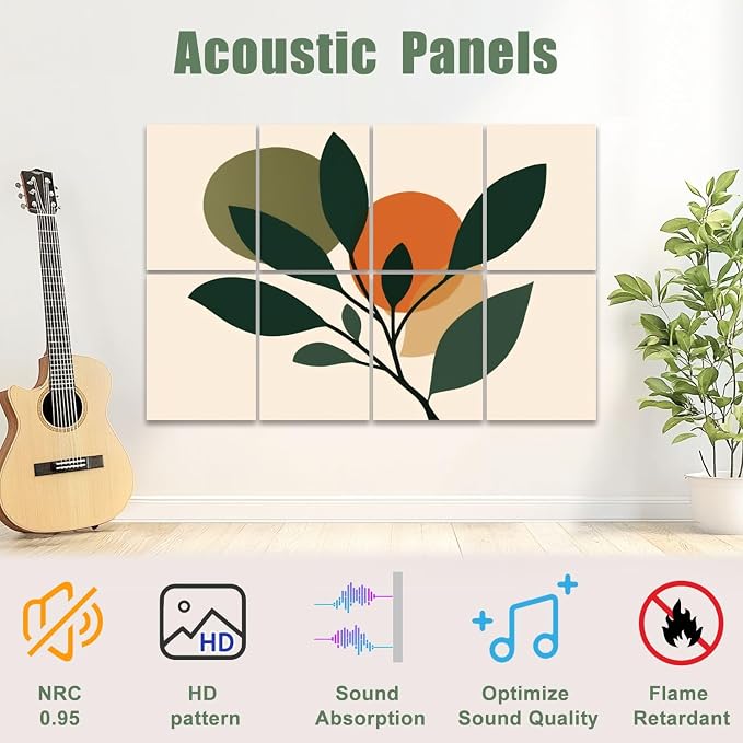 8 Pack Art Acoustic Panels Sound Absorbing Boho Botanical Leaf Orange Green