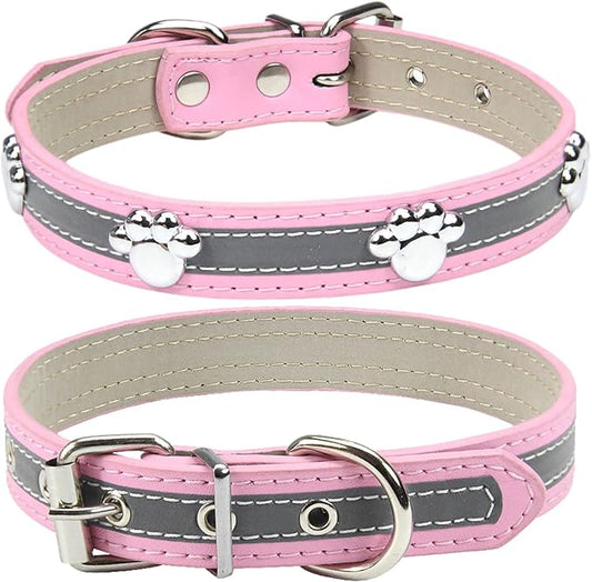 PETCARE Reflective Dog Collar with Cute Paw Rivet Studded Funny Soft PU Leather Adjustable Puppy Dog Collars for Small Medium Large Dogs Cats (Pink,Medium)