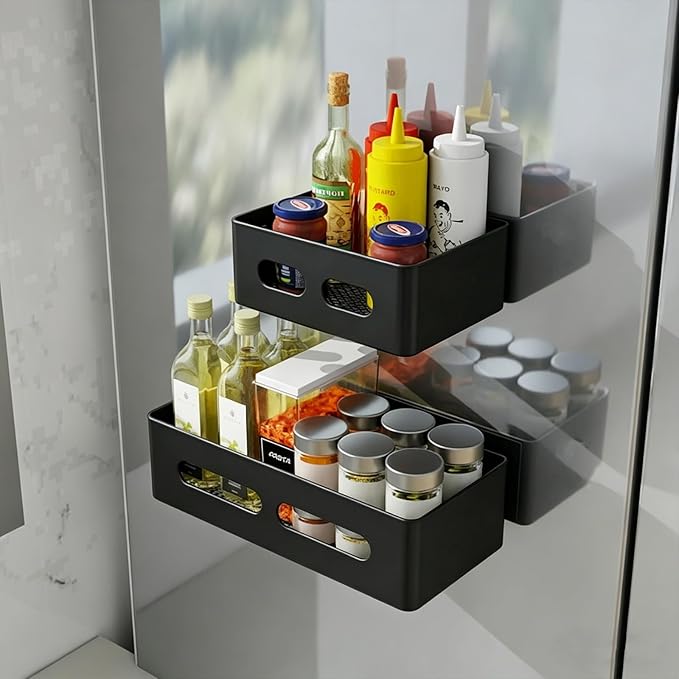 Magnetic Spice Storage Refrigerator Rack Seasoning Organizer Wall-Mounted Shelf with Hook for Kitchen Bathroom Organization (4, Black)