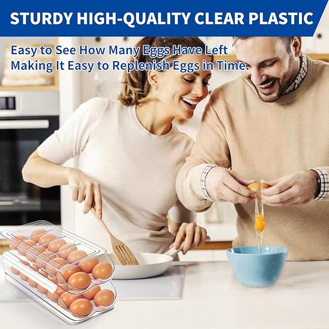 MesRosa Egg Holder for Fridge, Automatic Rolling Egg Organizer for Refrigerator, Clear Plastic Egg Container & Tray, Stackable Dispenser and Storage with Sturdy Lid to Saving Space -1 Layer
