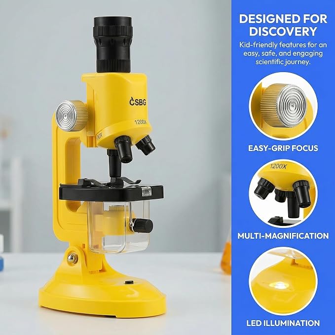 Little World Kids Microscope with LED Light - 100X/400X/1200X Magnification | Beginner science kit, includes prepared 12 slides, monocular view, educational STEM gift for ages 5-12, Yellow