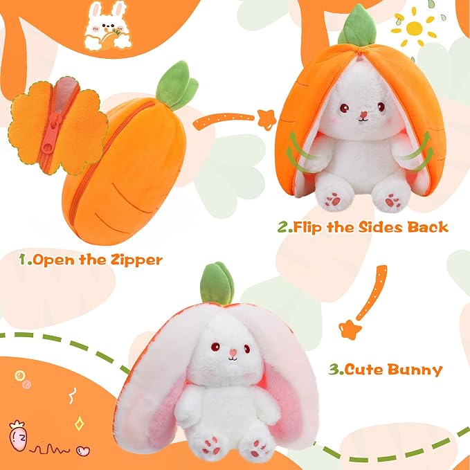 MIAODAM Carrot Bunny Stuffed Animal, Reversible Carrot Rabbit Plush | Fluffy Fruit Bunny Plushies, Funny Hide & Seek Toy, Ideal Easter & Holiday Gift for Girls & Girlfriend（10inch）