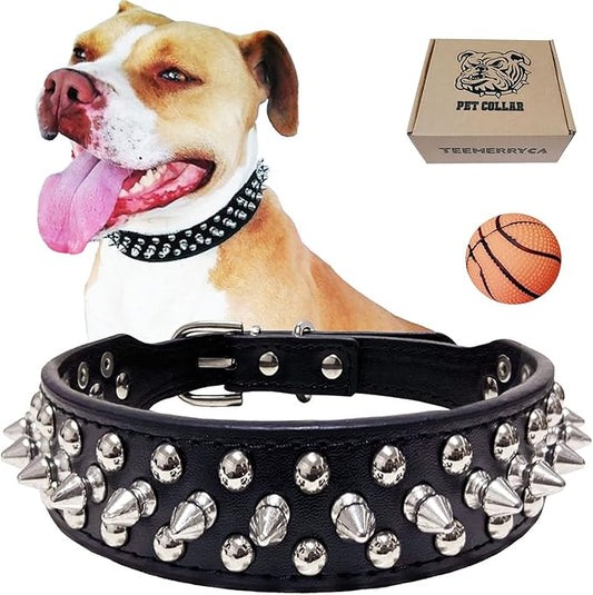 TEEMERRYCA Adjustable Microfiber Leather Spiked Studded Dog Collars with a Squeak Ball Gift for Small Medium Large Pets Like Cats/Pit Bull/Bulldog/Pugs/Husky, Black, XL 17.7-20.5 inches