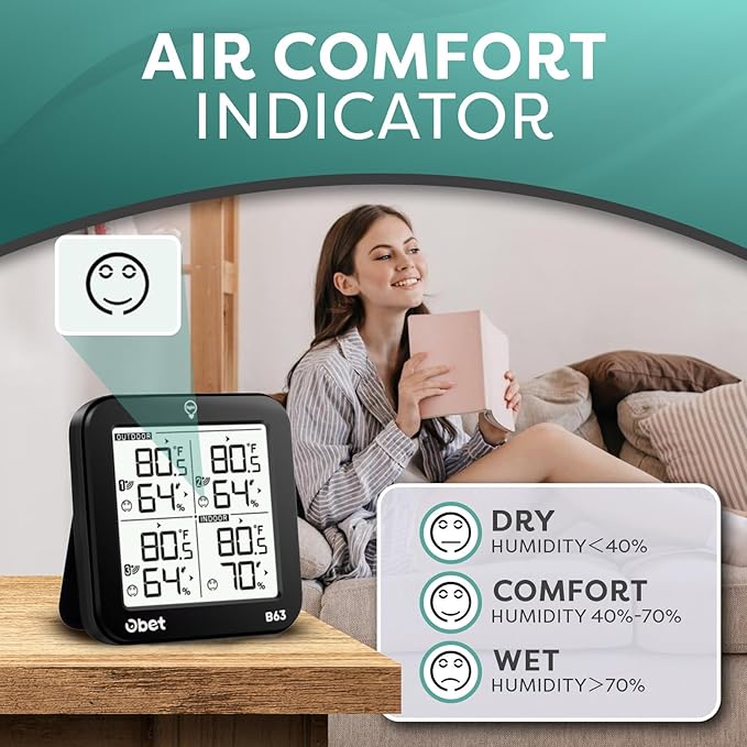 OBET Indoor Outdoor Thermometer Wireless with 3 Sensors Weather Station Temperature Humidity Monitor 500ft Range and Adjustable Backlight and Min Max Data Black