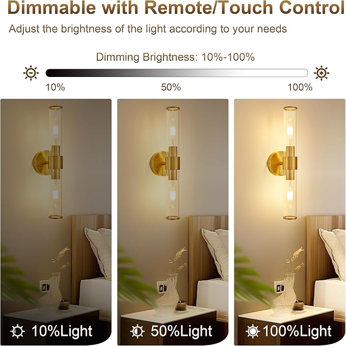 Morauroral Gold Battery Operated Wall Sconces Set of 2, Rechargeable Wall Lights