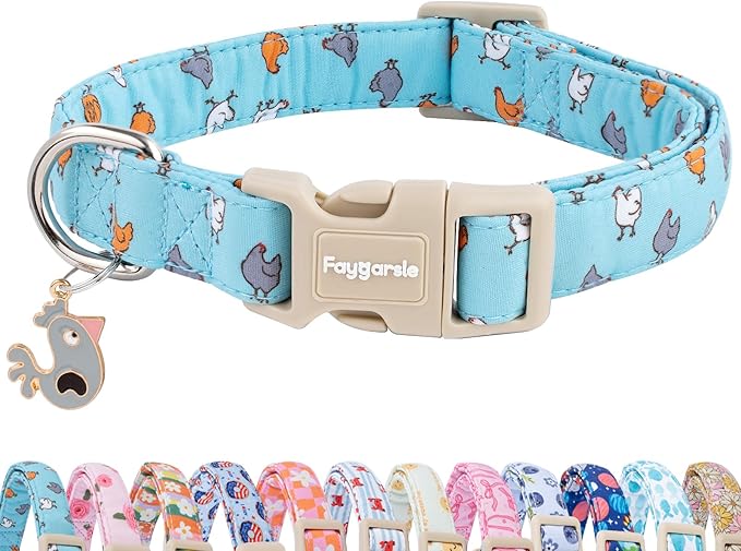 Faygarsle Funny Chicken Pattern Dog Collar, Cotton Fabric, Light Blue with Farm Animal Print for Small Medium Large Dogs XS