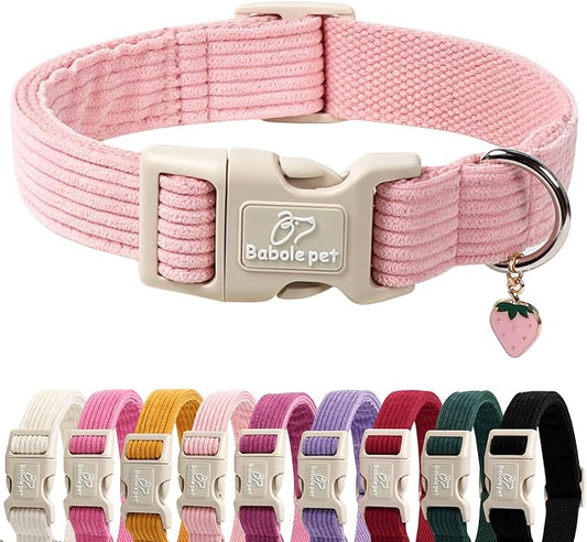 Cute Corduroy Dog Collar - Pink Adjustable Dog Collars for Large Dogs 50-80lbs, Fade-Proof with Secure Snap & Little Charm, Christmas Birthday Gift, L