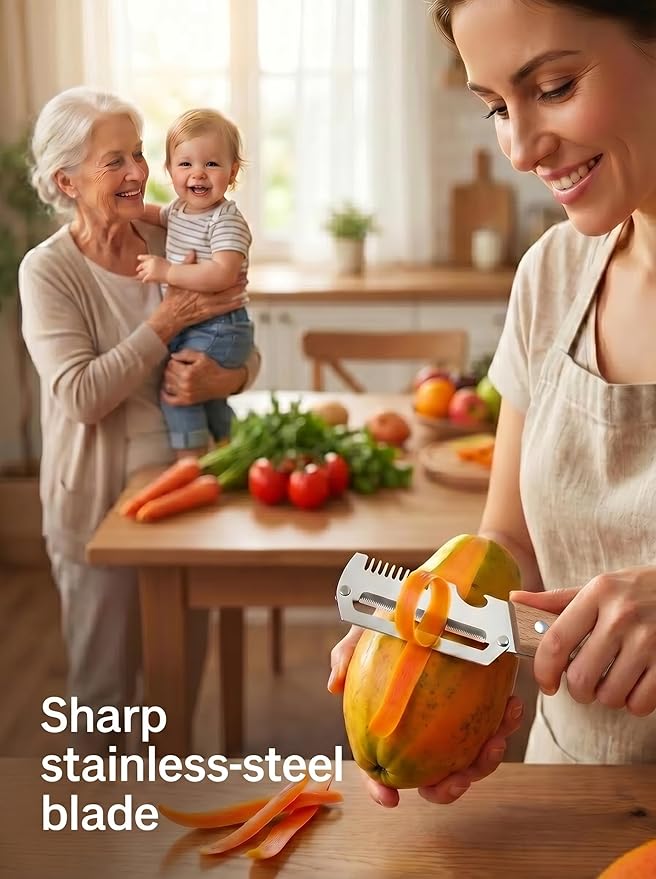3 in 1 Multifunction Vegetable Peeler + Bottle Opener + Grater with Wooden Handle, Stainless Steel Hand Held Peeler for Potato, Pumpkin, Carrot, Fruit and Vegetable Peeler for Kitchen 3 Pcs