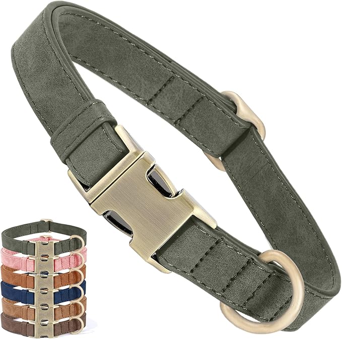Genuine Leather Dog Collar - Adjustable Pet Collar with Quick Release Metal Buckle, Soft Skin Friendly Real Leather Collar for Small, Medium, Large Dogs (Dark Green, S：Fit 8-16" Neck)