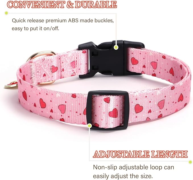 Love Pattern Dog Collar with Buckle Adjustable Safety Nylon Collars for Small Medium Large Dogs, Cute Stylish Girl Boy Christmas Dog Collar(Pink Heart,S)