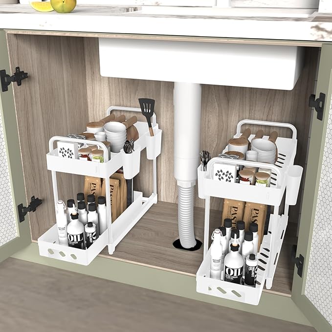 2 Pack Double-Layer Under Sink Organizer for Efficiently Utilizing Space, High Capacity and Space Saving, 2 Tier Sliding Under Sink shelf with 4 Hooks and a Cup Slot (White)