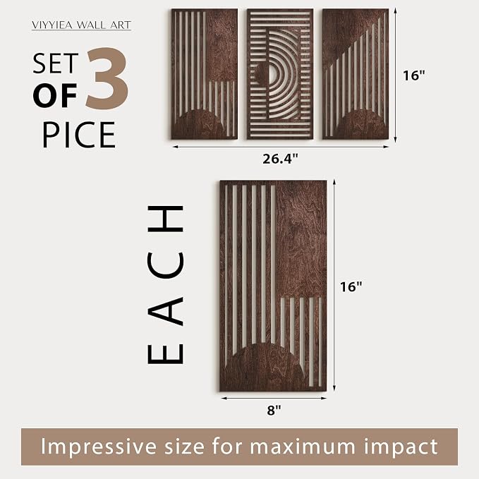 VIYYIEA Boho Solid Wood Carved Wall Art Set of 3, Geometric Minimalist Wooden