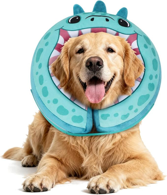 IEUUMLER Inflatable Recovery Dog Collar, Protective Donut Cone, Adjustable Soft Collar for Dog and Cat After Surgery Prevent from Biting & Scratching EU002 - Teal Dinosaur L