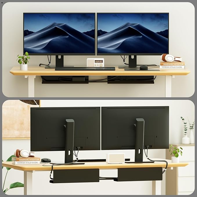 2 Pack No-Screw Cable Management Under Desk, Self-Adhesive Cord Organizer, Wire Management Tray for Office and Home (Black)